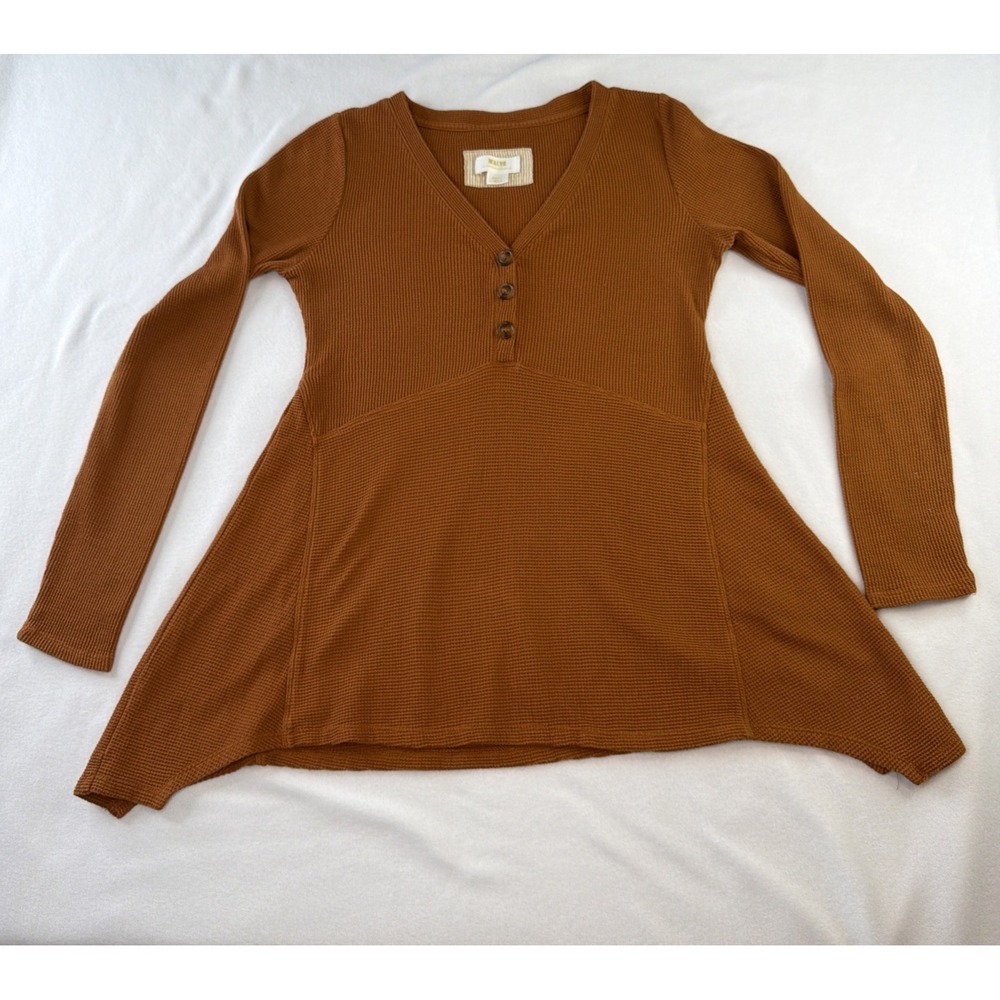 Maeve Anthropologie Womens S Brown Waffle Knit Tunic Top Henley Handkerchief